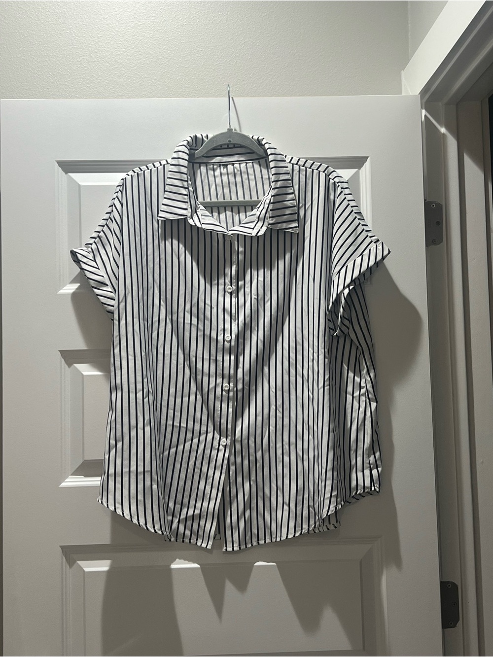 Women’s Short Sleeve Button-Up Shirt - White with Black Stripes
